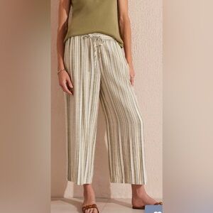 Tribal Ailani pull‎ on Striped Linen blend crop Wide-Leg Pants Olive size large